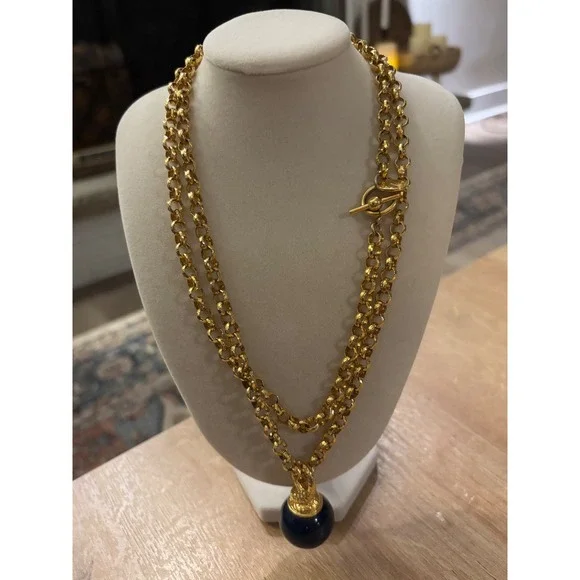 Anne Klein Gold Tone long Strand Rolo Chain Navy Blue Orb Pendant Necklace VTG - Picture 3 of 9